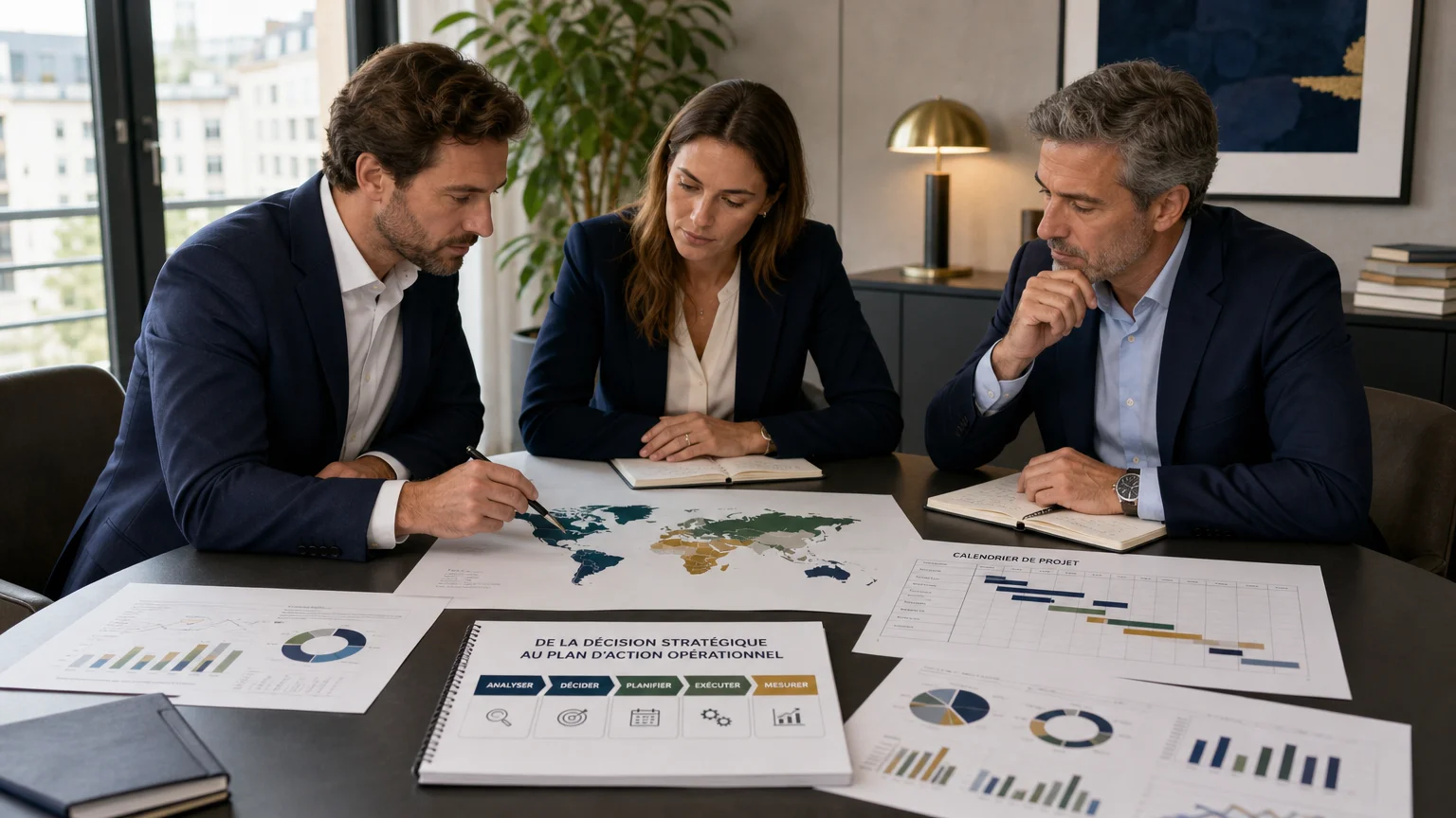 Réunion de dirigeants transformant une stratégie en plan d’action opérationnel