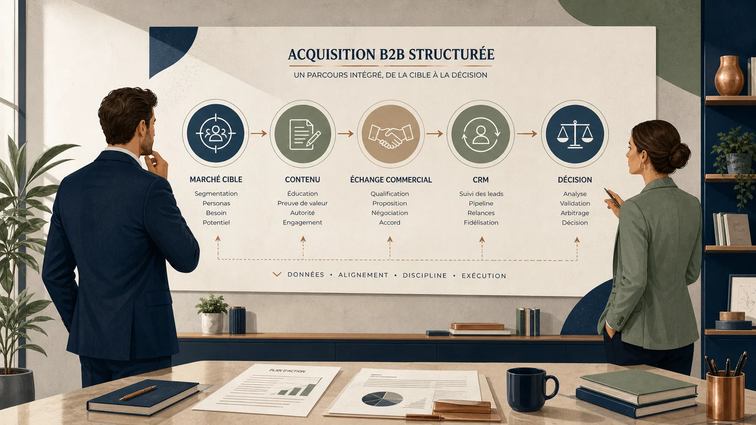 Illustration d’une stratégie d’acquisition B2B reliant ciblage, contenu, vente et CRM