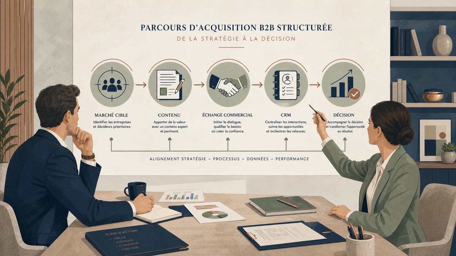 Illustration d’une stratégie d’acquisition B2B reliant ciblage, contenu, vente et CRM