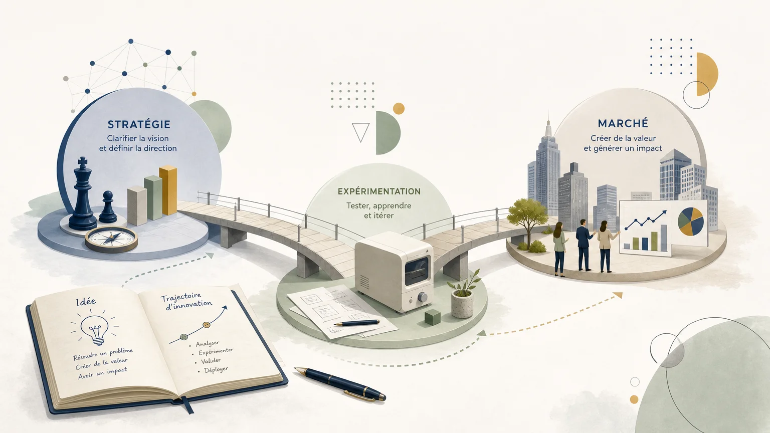 Illustration d’une entreprise transformant une idée en innovation structurée