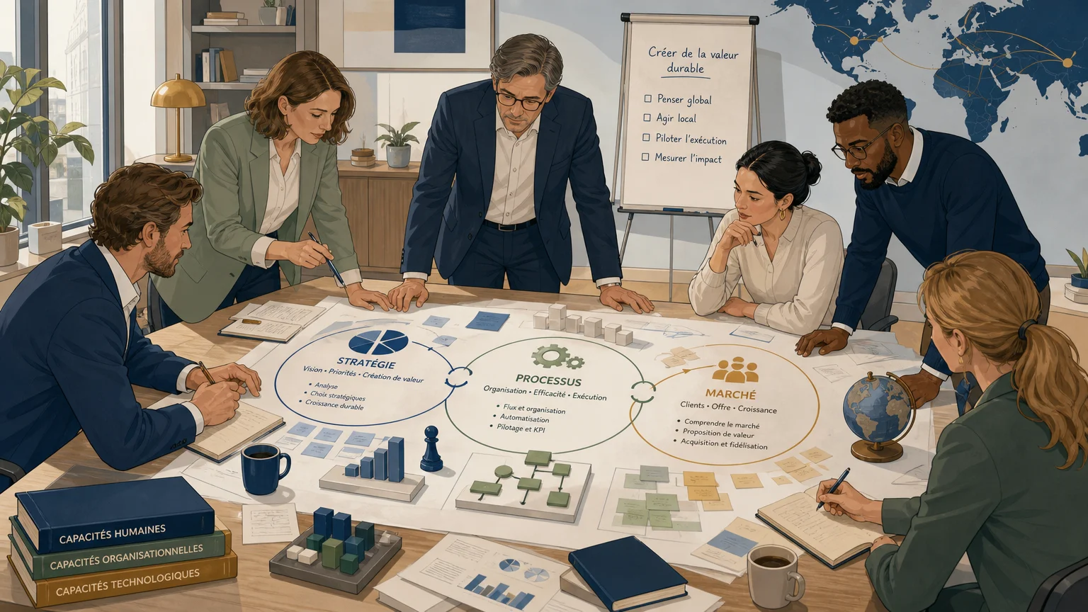 Équipe pluridisciplinaire évaluant les capacités d’innovation d’une entreprise