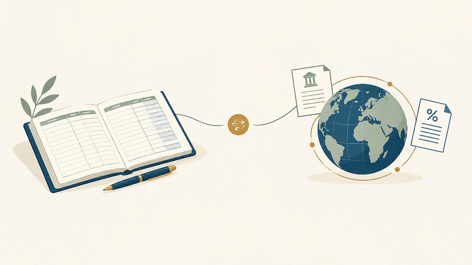 Registre comptable et globe évoquant le choix d’un accompagnement fiscal international
