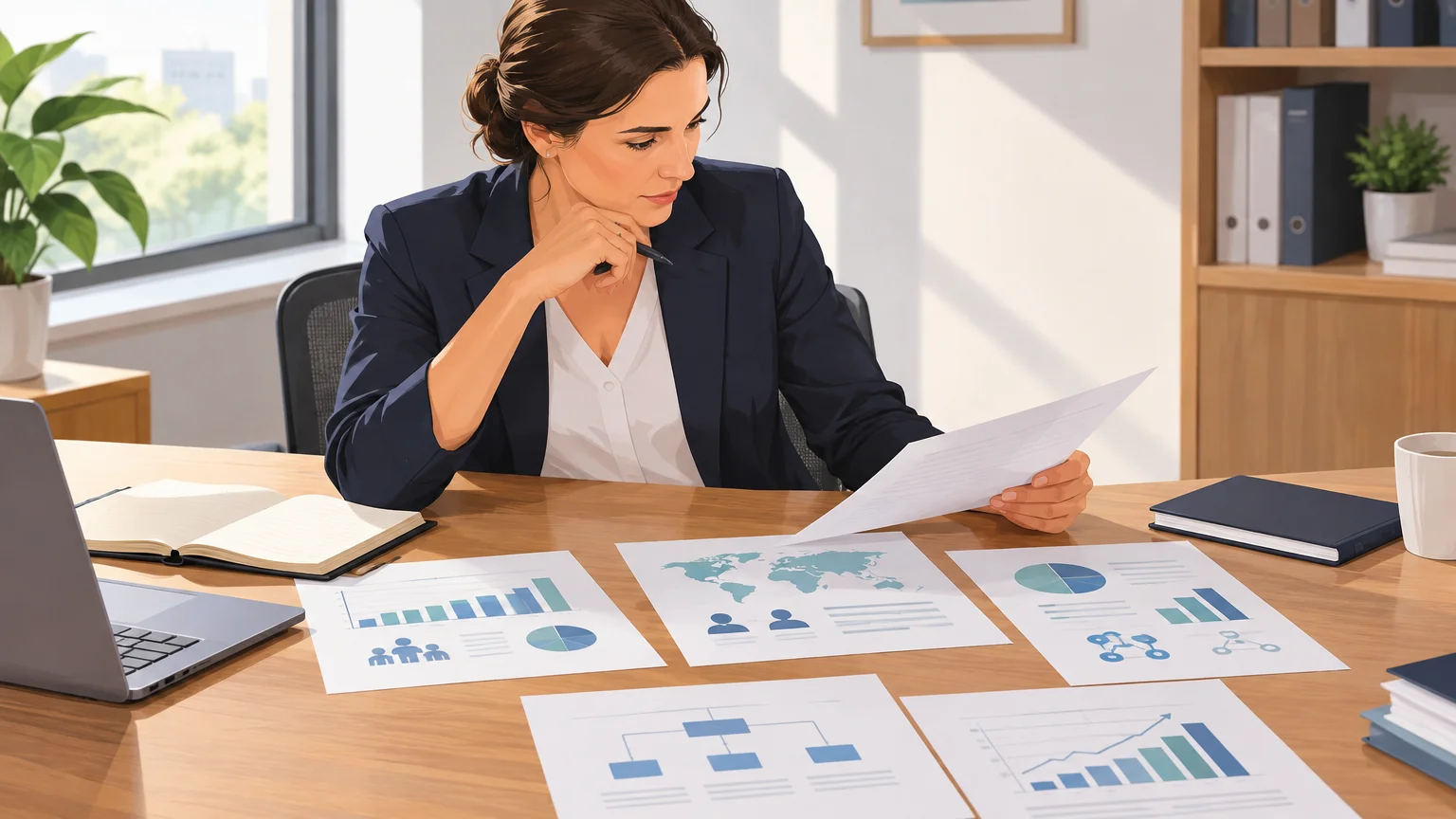 Dirigeante analysant les ressources de son entreprise avant un choix de croissance