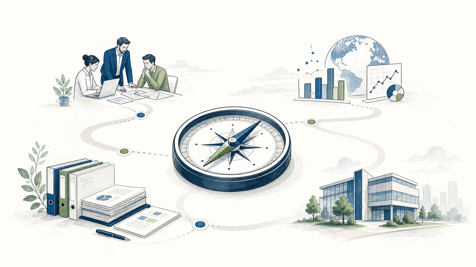 Illustration d’une boussole reliant les capacités d’une entreprise à son marché